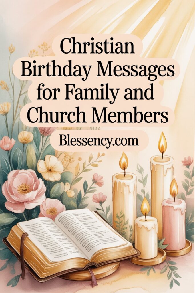 85+ Heartfelt Birthday Wishes for Pastor Wife and First Lady of the Church 9 “Christian birthday image with Bible, candles, and floral accents — Christian birthday messages for family and church members from Blessency.com, celebrating faith, love, and spiritual blessings.”