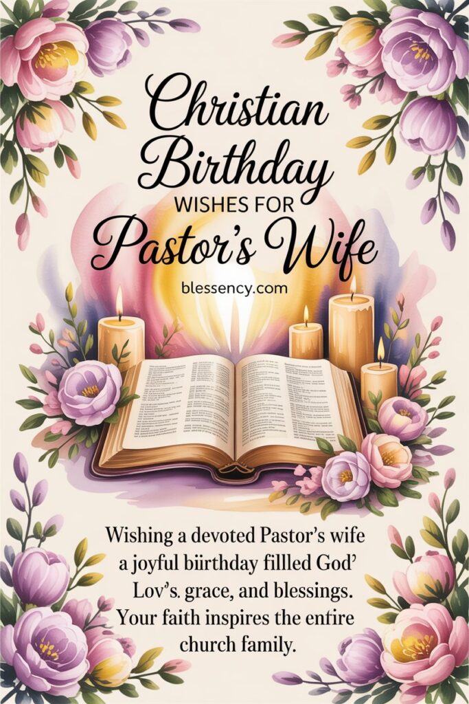 85+ Heartfelt Birthday Wishes for Pastor Wife and First Lady of the Church 6 “Christian birthday image with Bible and floral decorations — Christian birthday wishes for Pastor’s Wife from Blessency.com, celebrating faith, divine blessings, and spiritual inspiration.”