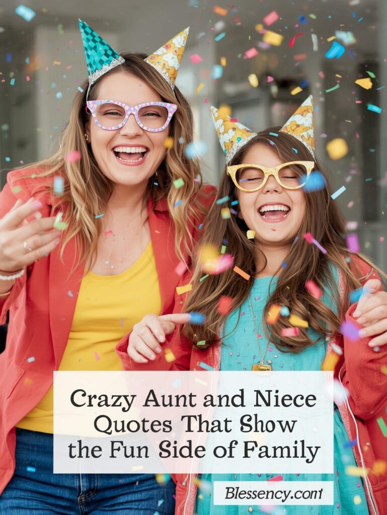 150+ Heartfelt Niece Quotes from Aunt and Uncle – Funny, Loving & Inspirational Messages 5 “A fun-loving aunt and niece laughing together and throwing confetti, showing the joyful and crazy side of family. Text reads ‘Crazy Aunt and Niece Quotes That Show the Fun Side of Family’ – Blessency.com.”