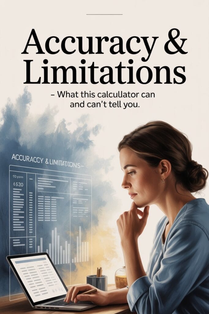 “Female Delusion Calculator accuracy and limitations — realistic visual of woman reflecting on data with spiritual calm and gentle light.”
