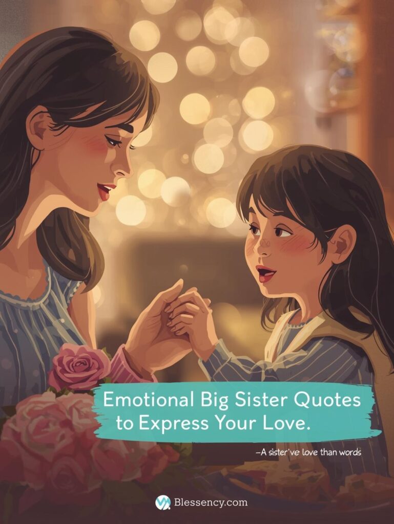 100+ Heartwarming Big Sister Quotes That Celebrate Love, Laughter & Lifelong Bonds 9 "Illustration of an elder sister expressing love to her sibling, highlighting emotional big sister quotes, sisterly support, and memories of sisters on Blessency.com."