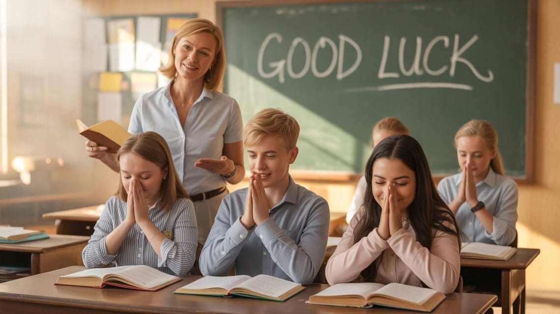 150+ Positive And Best Exam Wishes for Students from Teachers 1 “Christian teacher offering exam wishes and blessings to students before test day – inspirational classroom prayer scene symbolizing encouragement, calmness, and faith-based exam success.”