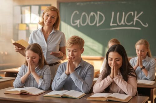 150+ Positive And Best Exam Wishes for Students from Teachers 30 “Christian teacher offering exam wishes and blessings to students before test day – inspirational classroom prayer scene symbolizing encouragement, calmness, and faith-based exam success.”
