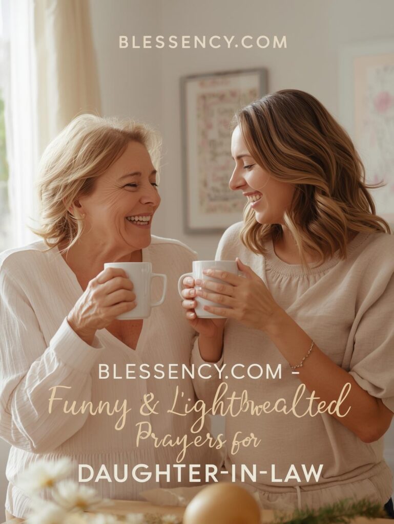 50+ Heartfelt & Powerful Prayers for Daughter-in-Law (Peace, Joy, and Blessings) 13 “Mother-in-law and daughter-in-law laughing together while praying joyfully — Blessency.com funny and lighthearted prayers image”