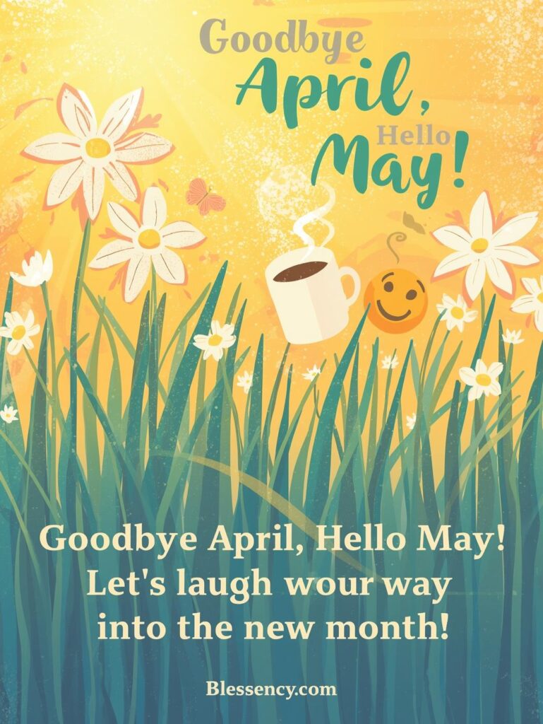 90+ Goodbye April Hello May Quotes, Blessings, and Prayers for a Fresh Start 9 "Funny Goodbye April Hello May quote image with bright flowers, coffee, and smile emoji spreading cheerful vibes for the new month – Blessency.com"