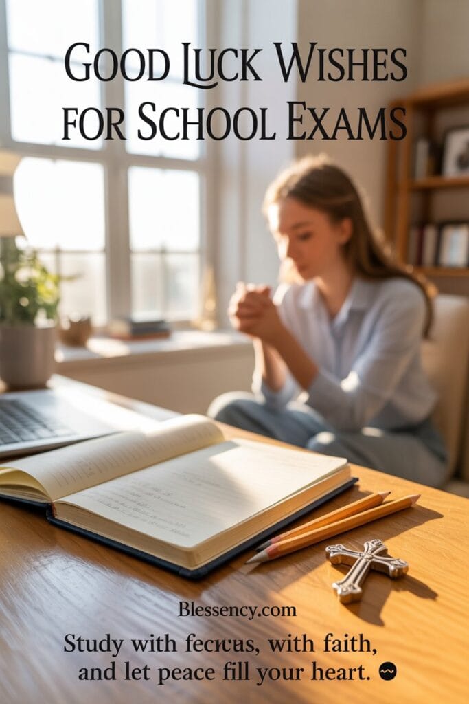 150+ Positive And Best Exam Wishes for Students from Teachers 12 “Faith-based good luck wishes for school exams showing a student praying with books and sunlight — peaceful Christian encouragement image by Blessency.com.”