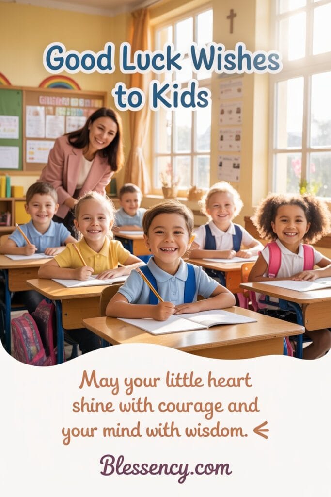 150+ Positive And Best Exam Wishes for Students from Teachers 7 “Teacher giving faith-filled good luck wishes to smiling school kids before exams — joyful and inspirational classroom blessing by Blessency.com.”