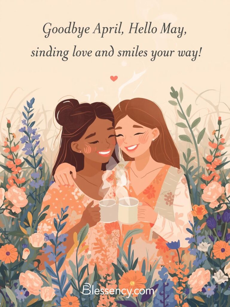 90+ Goodbye April Hello May Quotes, Blessings, and Prayers for a Fresh Start 10 "Goodbye April Hello May quote image for friends and loved ones featuring two friends smiling with spring flowers and a warm positive message – Blessency.com"