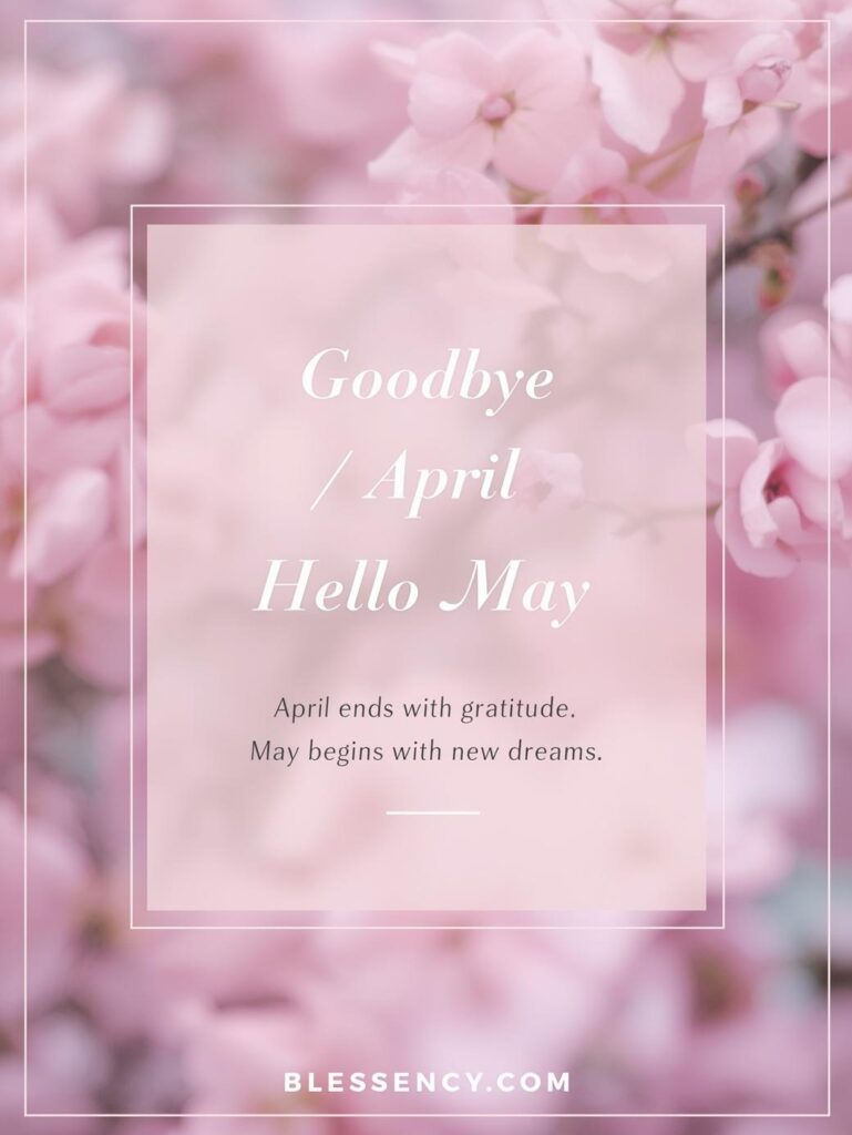 90+ Goodbye April Hello May Quotes, Blessings, and Prayers for a Fresh Start 4 "Aesthetic Instagram post with soft pastel floral background and elegant text saying ‘Goodbye April Hello May Quotes for Instagram Captions’ with Blessency.com logo, symbolizing gratitude and new beginnings."