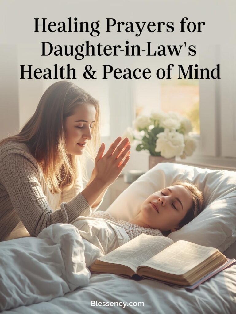 50+ Heartfelt & Powerful Prayers for Daughter-in-Law (Peace, Joy, and Blessings) 4 A Christian mother-in-law praying for her daughter-in-law’s healing and peace of mind with warm light, Bible, and flowers symbolizing faith, hope, and comfort — Blessency.com.