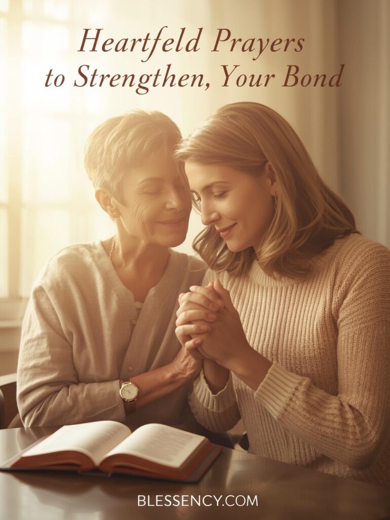 50+ Heartfelt & Powerful Prayers for Daughter-in-Law (Peace, Joy, and Blessings) 3 A heartfelt Christian prayer moment between mother-in-law and daughter-in-law holding hands in faith, symbolizing love, unity, and blessings from God — Blessency.com.