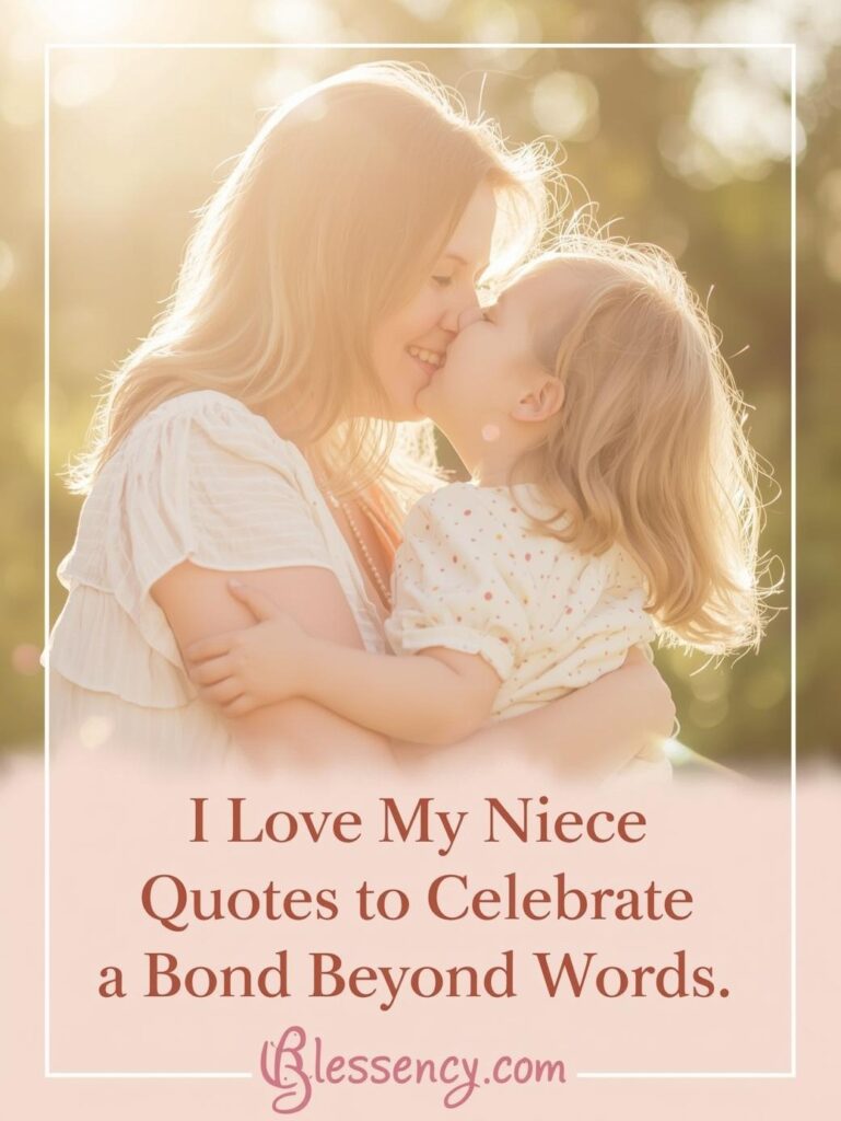150+ Heartfelt Niece Quotes from Aunt and Uncle – Funny, Loving & Inspirational Messages 4 “A smiling aunt hugging her niece under golden sunlight with warm pink tones, symbolizing love and family bond. Text reads ‘I Love My Niece Quotes to Celebrate a Bond Beyond Words’ – Blessency.com.”