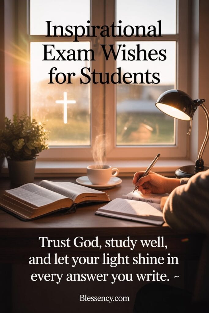 150+ Positive And Best Exam Wishes for Students from Teachers 9 “Faith-inspired student preparing for exams under morning light with Bible and motivational quote — inspirational exam wishes image by Blessency.com.”