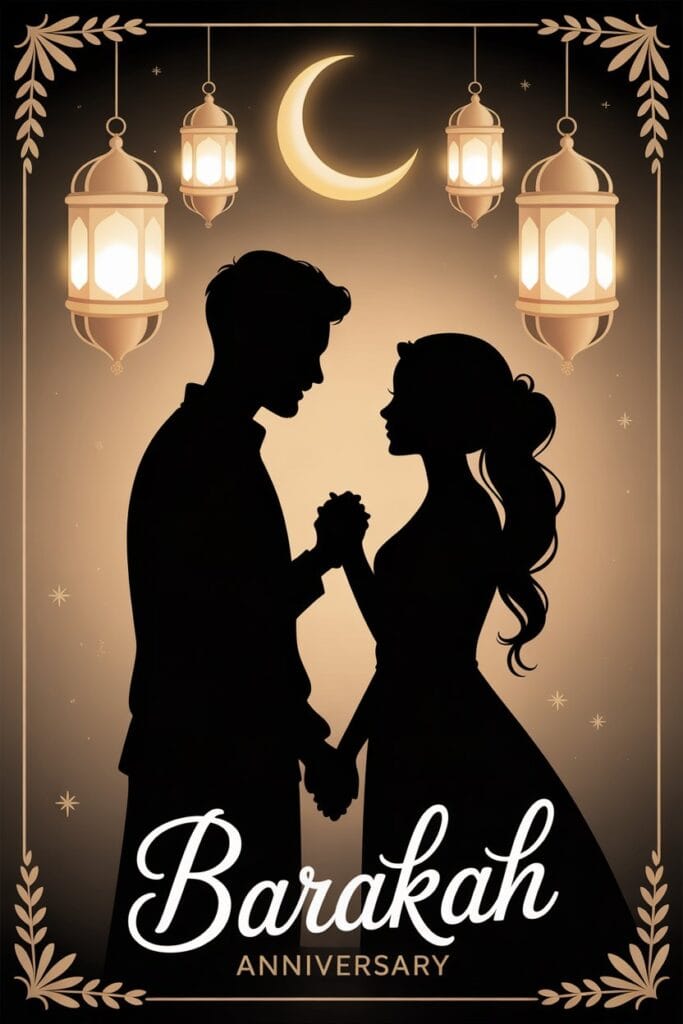 Islamic Wedding Anniversary Wishes — 130+ Prayers, Messages & Duas 2 Romantic Islamic anniversary wishes for husband design with golden crescent moon, lanterns, and couple silhouette symbolizing love, barakah, and faith-filled marriage blessings.