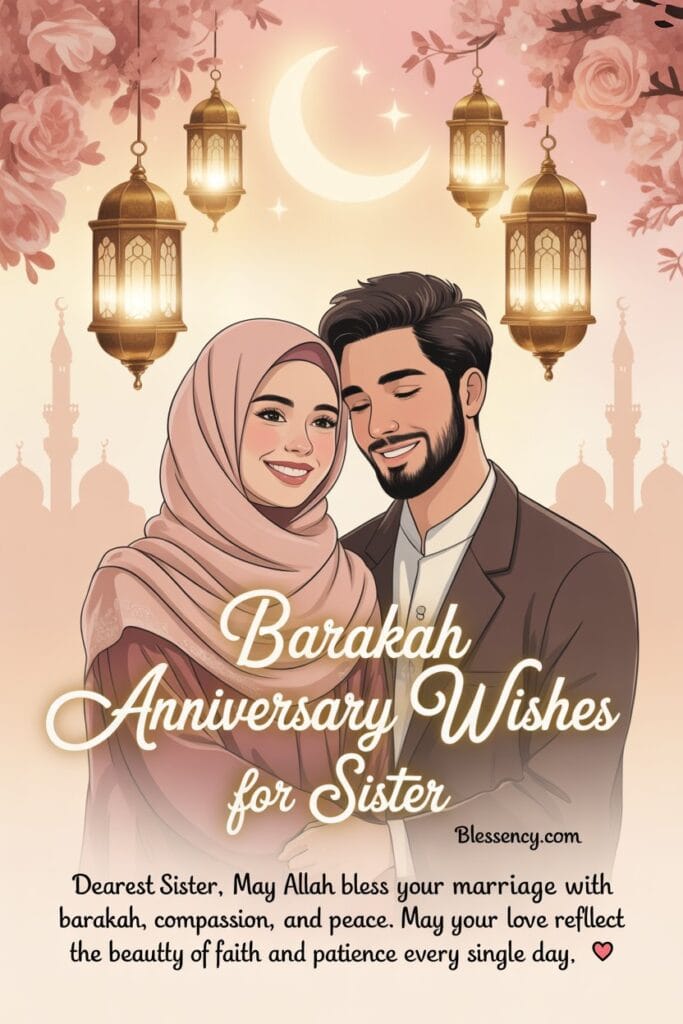 Islamic Wedding Anniversary Wishes — 130+ Prayers, Messages & Duas 6 Islamic anniversary wishes for sister image with lanterns and crescent moon, celebrating marriage blessings, barakah, and love between faithful partners.