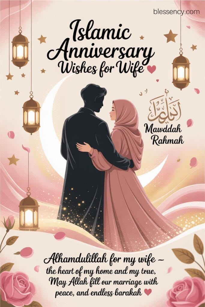 Islamic Wedding Anniversary Wishes — 130+ Prayers, Messages & Duas 3 Romantic Islamic anniversary wishes for wife design with crescent moon, pink floral background, and couple silhouette symbolizing love, peace, and divine blessings in marriage.