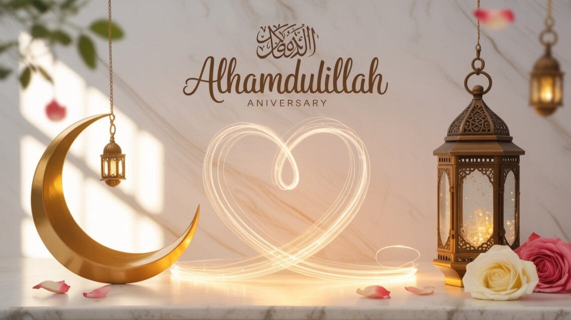 Islamic Wedding Anniversary Wishes — 130+ Prayers, Messages & Duas 1 Elegant Islamic wedding anniversary wishes background with golden crescent moon, glowing lanterns, and calligraphy — perfect for dua, barakah, and faith-filled marriage celebration posts.