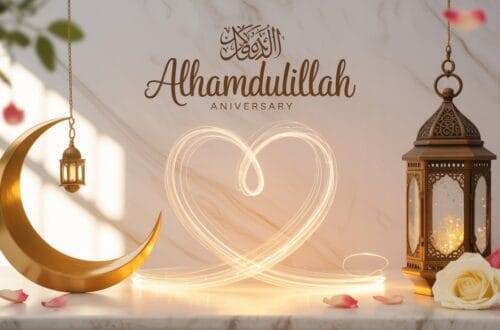 Islamic Wedding Anniversary Wishes — 130+ Prayers, Messages & Duas 18 Elegant Islamic wedding anniversary wishes background with golden crescent moon, glowing lanterns, and calligraphy — perfect for dua, barakah, and faith-filled marriage celebration posts.
