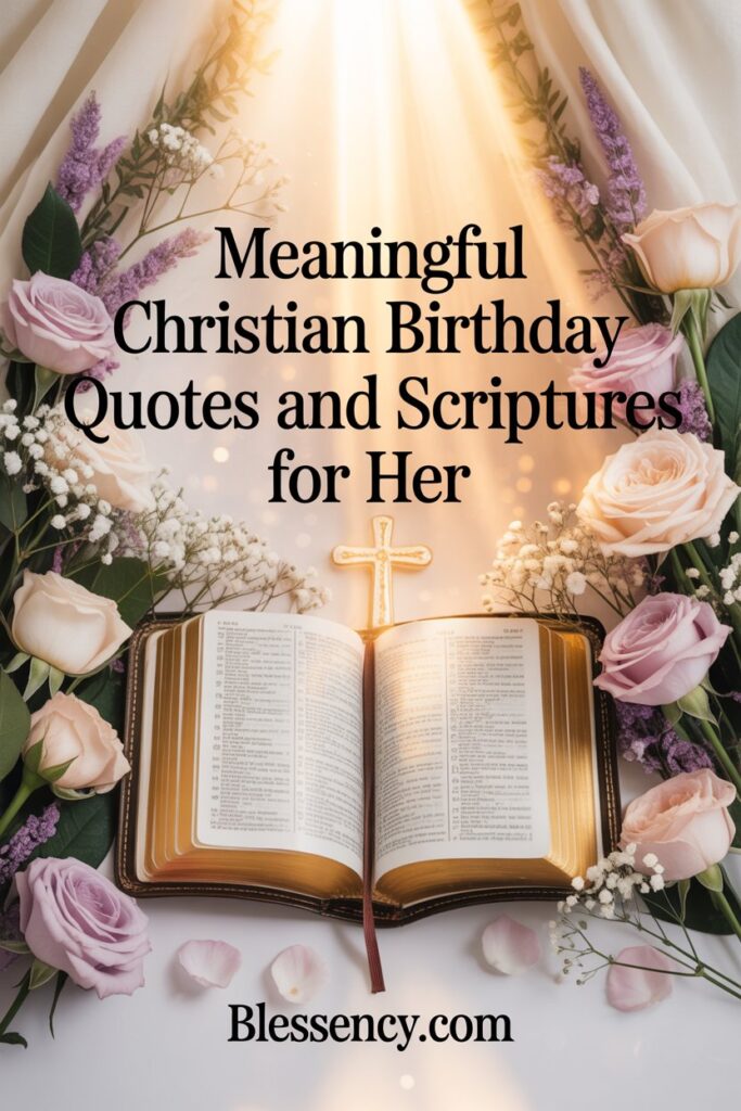 85+ Heartfelt Birthday Wishes for Pastor Wife and First Lady of the Church 11 “Christian birthday image with Bible, flowers, and sunlight — meaningful Christian birthday quotes and scriptures for her from Blessency.com, celebrating faith, spiritual guidance, and inspiration.”