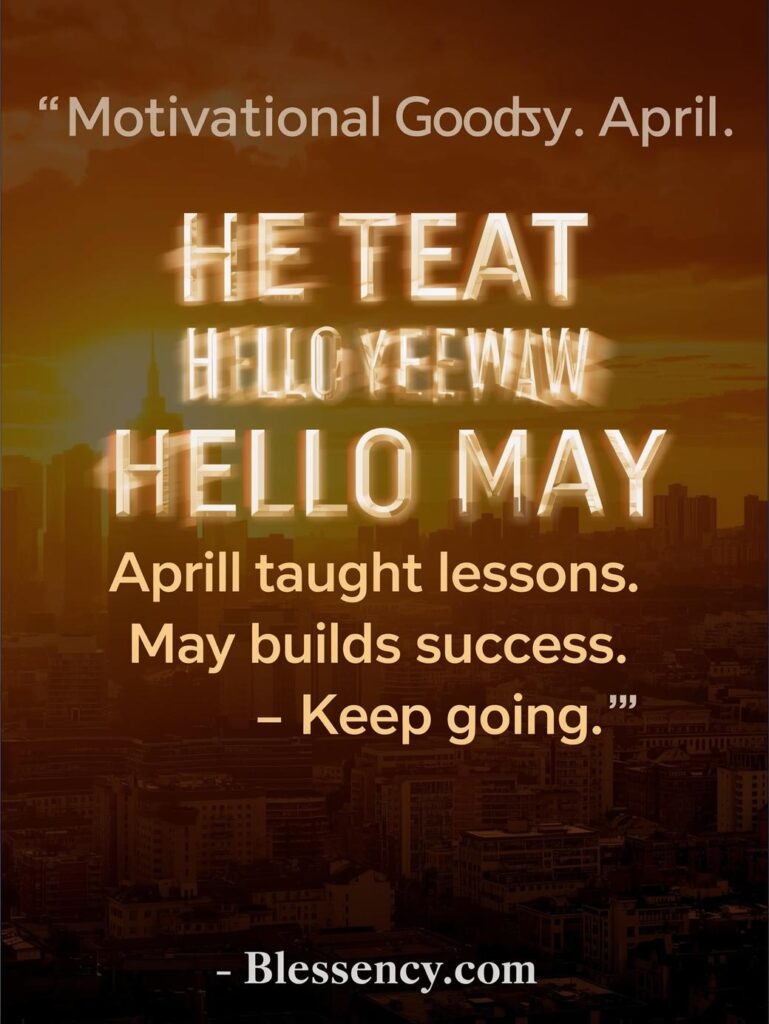 90+ Goodbye April Hello May Quotes, Blessings, and Prayers for a Fresh Start 5 "Motivational quote image with sunrise over city skyline and text ‘Motivational Goodbye April Hello May Quotes for Work and Success’ from Blessency.com, symbolizing fresh goals and inspiration for May."
