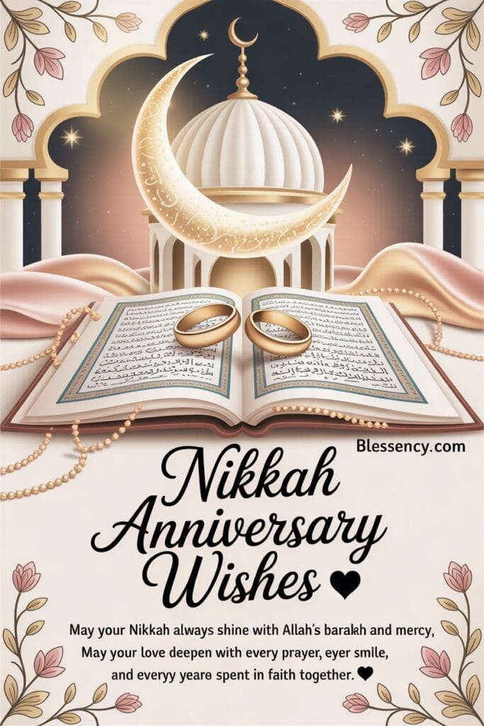 Islamic Wedding Anniversary Wishes — 130+ Prayers, Messages & Duas 8 Nikkah anniversary wishes image featuring Qur’an, wedding rings, and crescent moon symbolizing barakah, faith, and everlasting love in Islamic marriage.