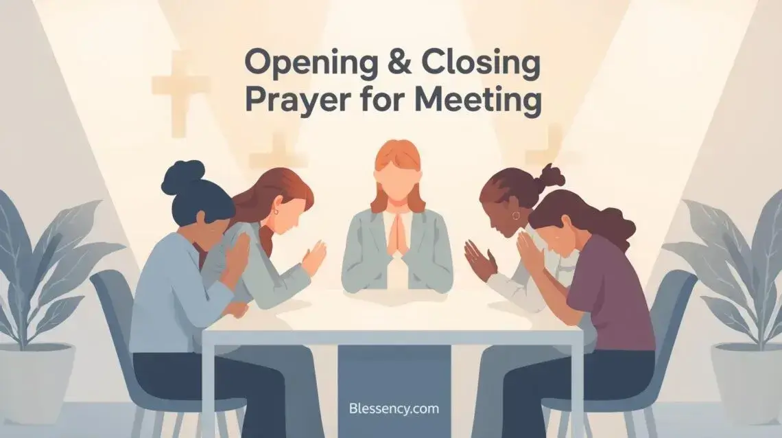 Opening and closing prayer for meeting feature image — coworkers praying before meeting, Christian workplace prayer, unity and blessings, office prayer illustration, Blessency.com