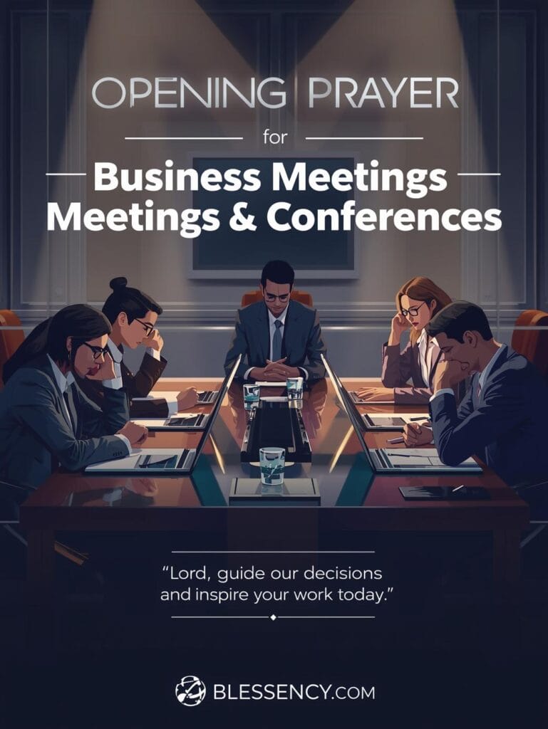 “Opening prayer for business meetings or conferences — professionals praying before a corporate meeting, guidance, inspiration, Blessency.com”