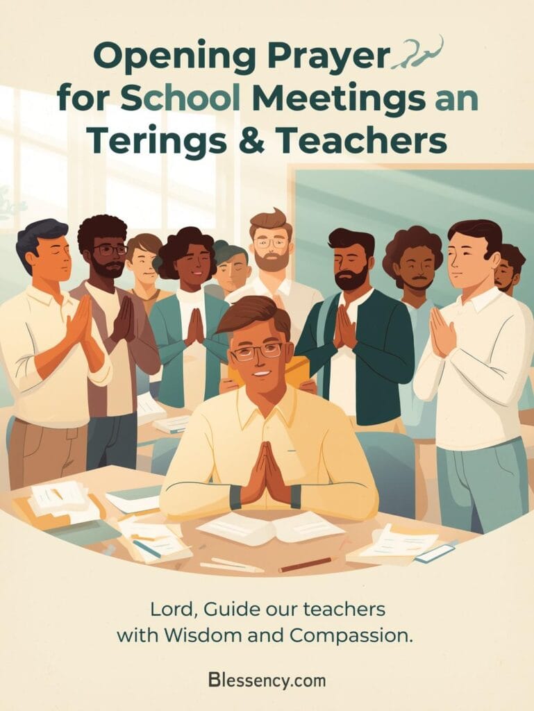 “Opening prayer for school meetings and teachers — educators praying together, classroom setting, guidance and wisdom for teachers, Blessency.com”