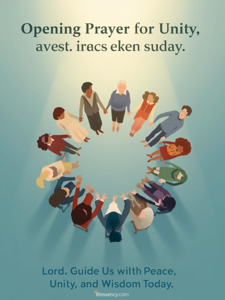 “Opening prayer for unity, peace, and guidance — group holding hands in harmony, seeking divine wisdom, Blessency.com”