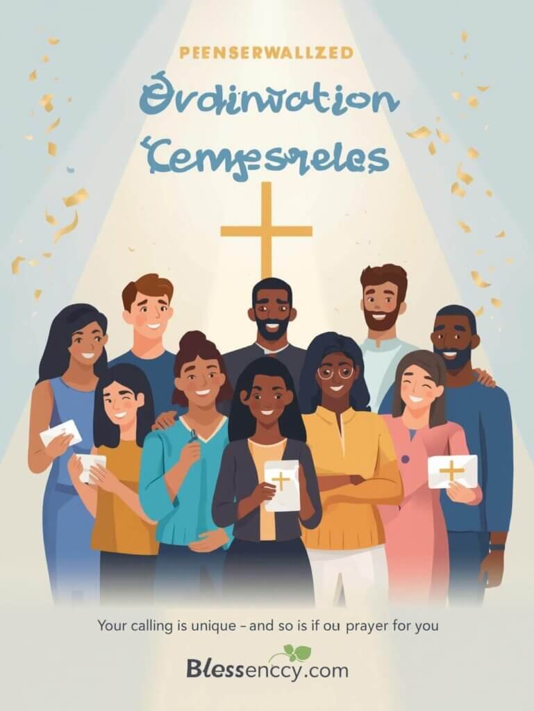 150+ Congratulations on Your Ordination Wishes, Messages, Quotes & Prayers (Priest, Pastor, Deacon, Friend & Family) 4 Personalized ordination messages illustration with family and friends offering Christian blessings to a newly ordained pastor, spiritual celebration graphic.