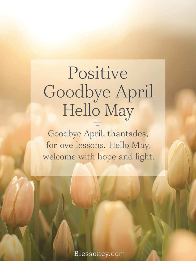 90+ Goodbye April Hello May Quotes, Blessings, and Prayers for a Fresh Start 3 "Beautiful sunrise with blooming flowers and motivational text ‘Positive Goodbye April Hello May Messages’ and Blessency.com logo, symbolizing positivity, gratitude for April, and hope for May."