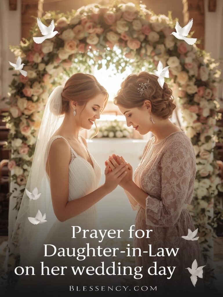 50+ Heartfelt & Powerful Prayers for Daughter-in-Law (Peace, Joy, and Blessings) 7 “Beautiful Christian wedding prayer image showing a mother-in-law blessing her daughter-in-law on her wedding day with love and faith — Blessency.com”