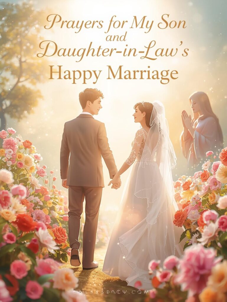 50+ Heartfelt & Powerful Prayers for Daughter-in-Law (Peace, Joy, and Blessings) 5 A Christian mother praying for her son and daughter-in-law’s happy marriage, symbolizing love, unity, and divine blessings under God’s light — Blessency.com.