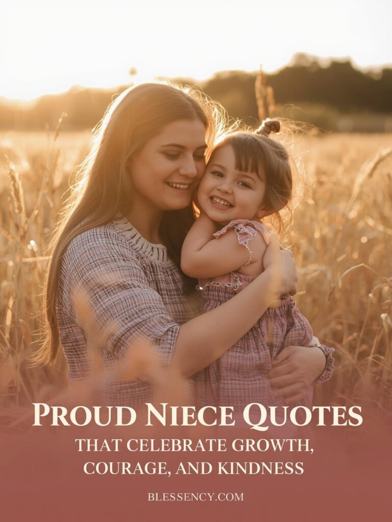 150+ Heartfelt Niece Quotes from Aunt and Uncle – Funny, Loving & Inspirational Messages 6 “A proud aunt hugging her niece at sunset, both smiling with love and pride, symbolizing growth, courage, and kindness. Text overlay: ‘Proud Niece Quotes That Celebrate Growth, Courage, and Kindness’ – Blessency.com.”