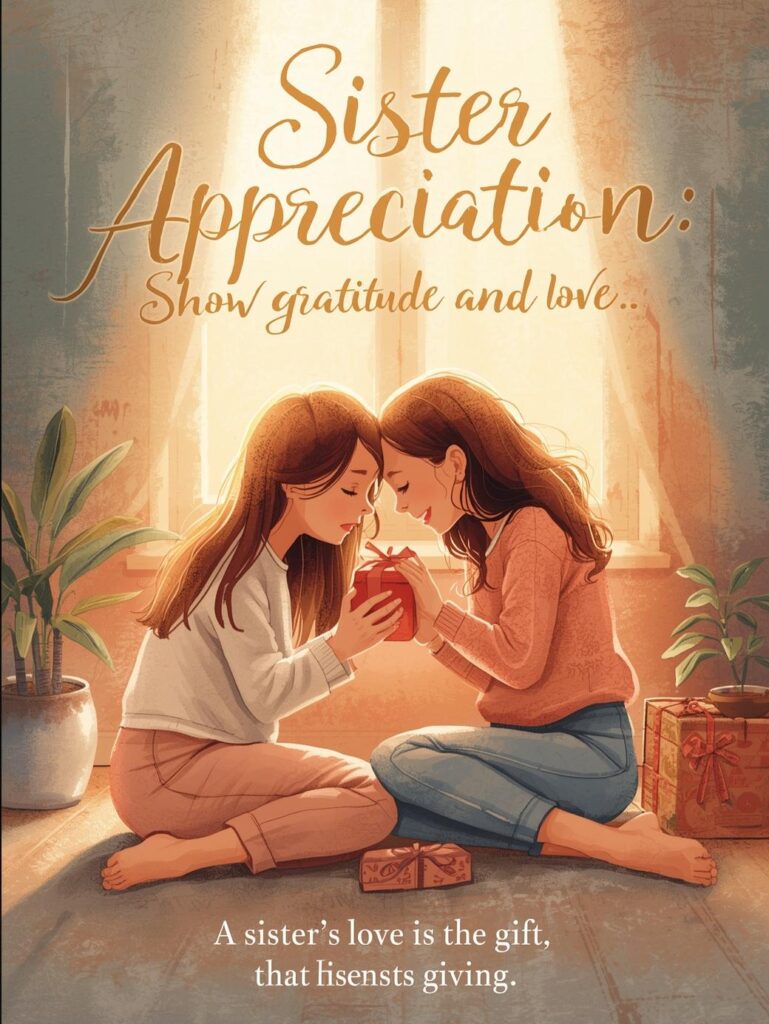 100+ Heartwarming Big Sister Quotes That Celebrate Love, Laughter & Lifelong Bonds 10 "Illustration of sisters exchanging a hug and gifts, highlighting sister appreciation quotes, heartfelt sister love, and sisterly friendship on Blessency.com."