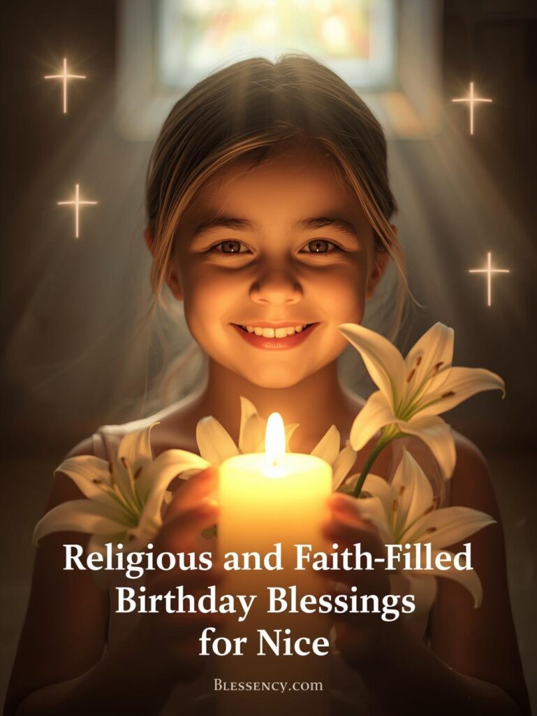 150+ Heartfelt Niece Quotes from Aunt and Uncle – Funny, Loving & Inspirational Messages 12 “A peaceful religious birthday image with candles, sunlight, and a smiling niece receiving divine blessings — symbolizing faith-filled wishes and prayers from family. Blessency.com.”