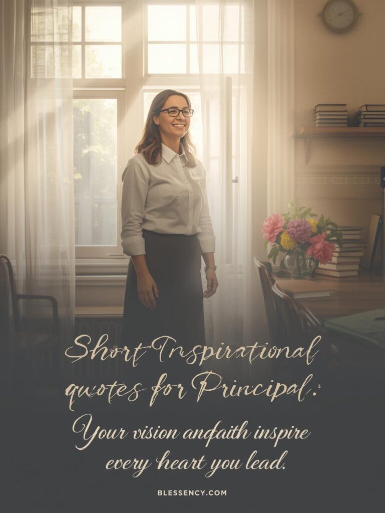 90+ Beautiful Lines for principal & Quotes for Principal to Show Appreciation 11 “Smiling school principal standing in bright classroom sunlight, symbolizing inspiration, faith, and leadership — Short Inspirational Quotes for Principal, Blessency.com.”