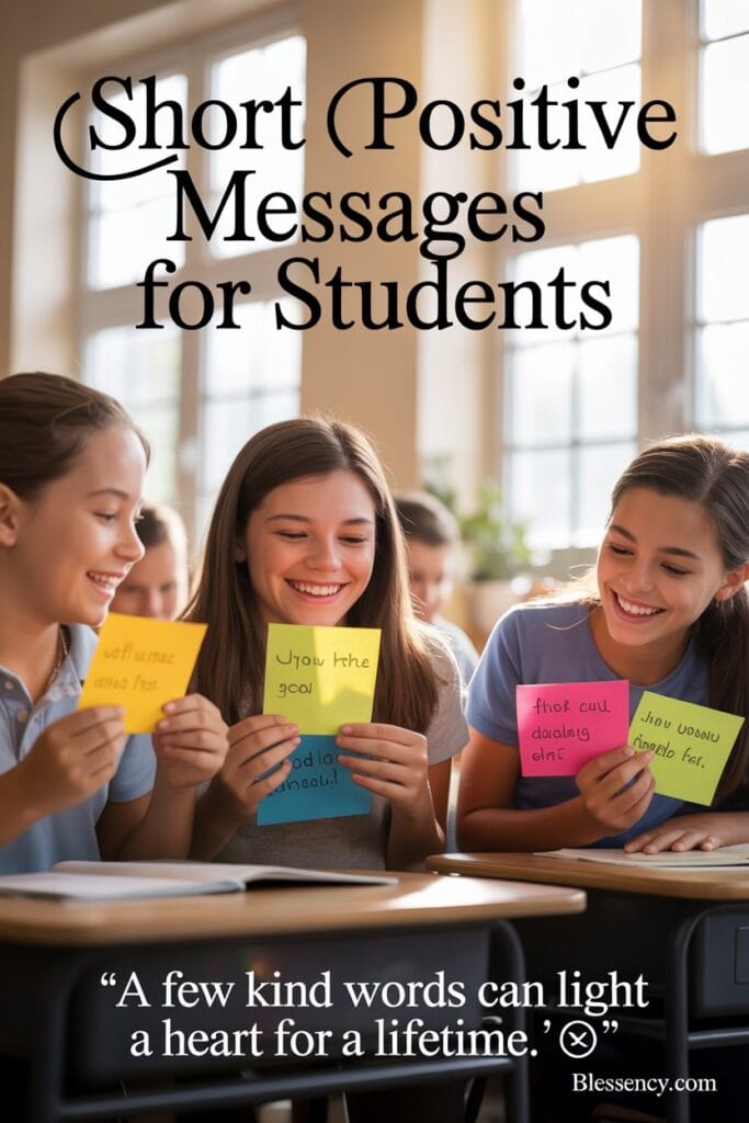 150+ Positive And Best Exam Wishes for Students from Teachers 6 “Teacher sharing short positive messages and blessings with smiling students before exams — inspirational and faith-filled classroom moment by Blessency.com.”