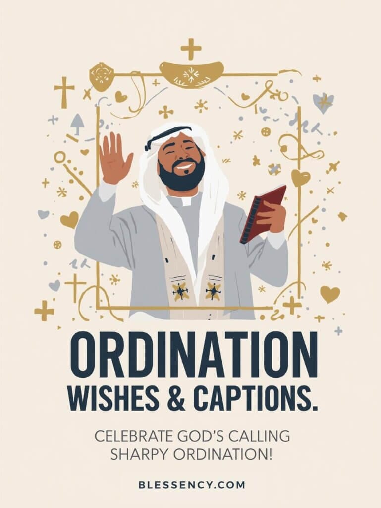 150+ Congratulations on Your Ordination Wishes, Messages, Quotes & Prayers (Priest, Pastor, Deacon, Friend & Family) 8 “Social media ordination wishes and captions image with priest silhouette, confetti, cross, and stylish shareable design — Blessency.com.”