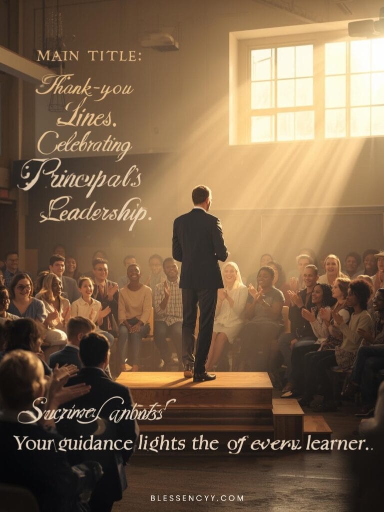 90+ Beautiful Lines for principal & Quotes for Principal to Show Appreciation 8 “Teachers and students applauding their principal on stage, celebrating leadership, inspiration, and faith-driven guidance — Thank-You Lines Celebrating Principal’s Leadership, Blessency.com.”