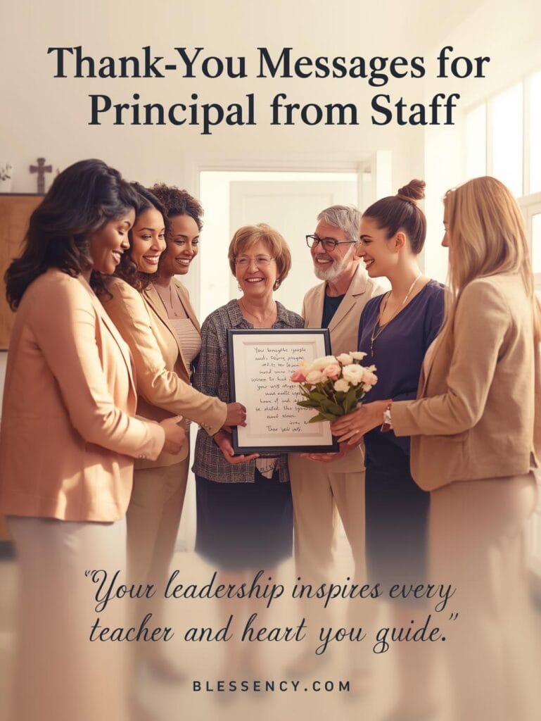 90+ Beautiful Lines for principal & Quotes for Principal to Show Appreciation 10 “School staff presenting a thank-you message and flowers to their principal in a bright office, showing gratitude and leadership appreciation — Thank-You Messages for Principal from Staff, Blessency.com.”