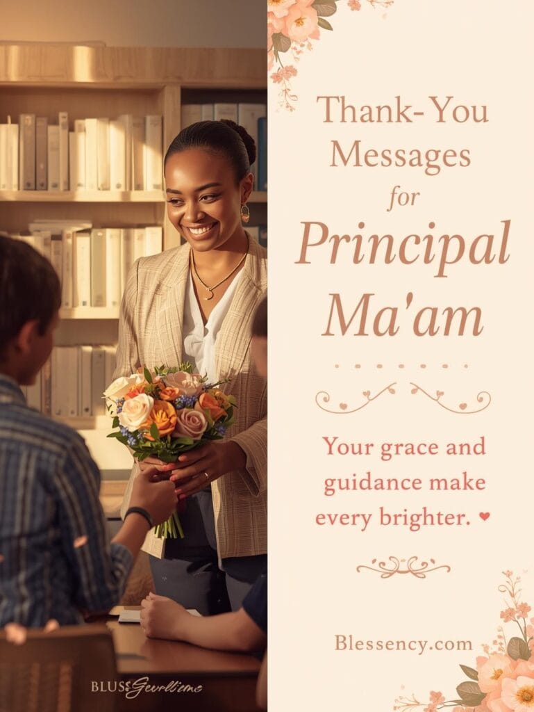90+ Beautiful Lines for principal & Quotes for Principal to Show Appreciation 3 “Students giving a thank-you card and flowers to their Principal Ma’am in a warm school office — heartfelt appreciation and gratitude message, Blessency.com.”