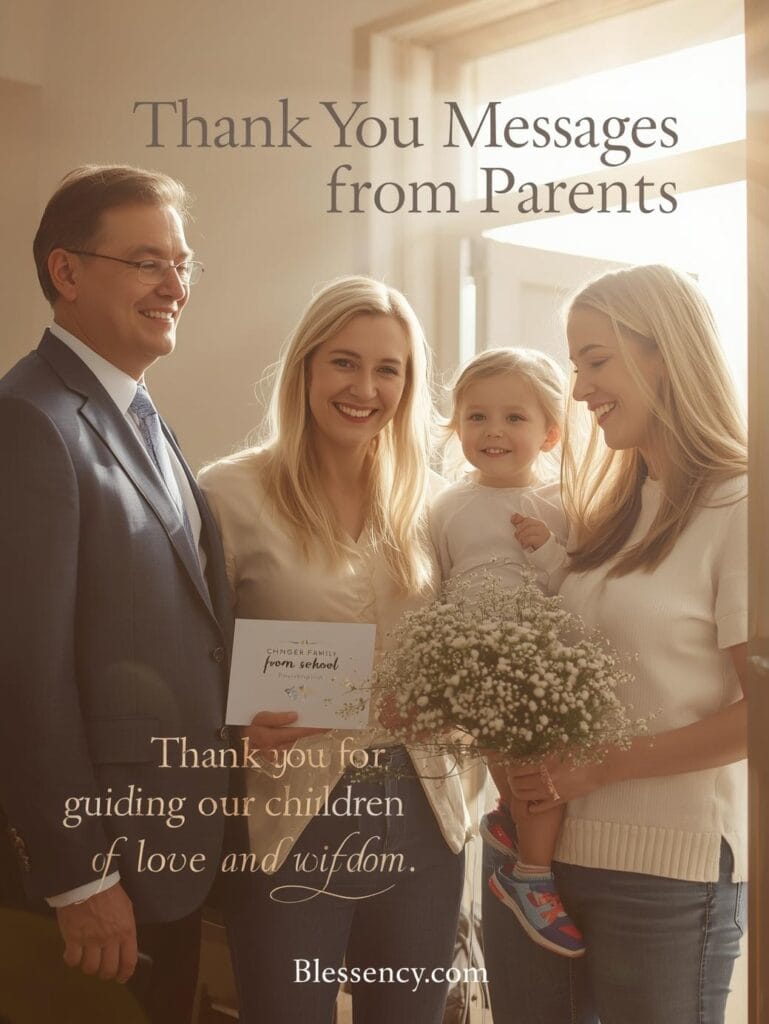 90+ Beautiful Lines for principal & Quotes for Principal to Show Appreciation 5 “Parents and child presenting a thank-you card to their school principal, symbolizing heartfelt gratitude, leadership, and Christian appreciation — Thank-You Messages from Parents, Blessency.com.”
