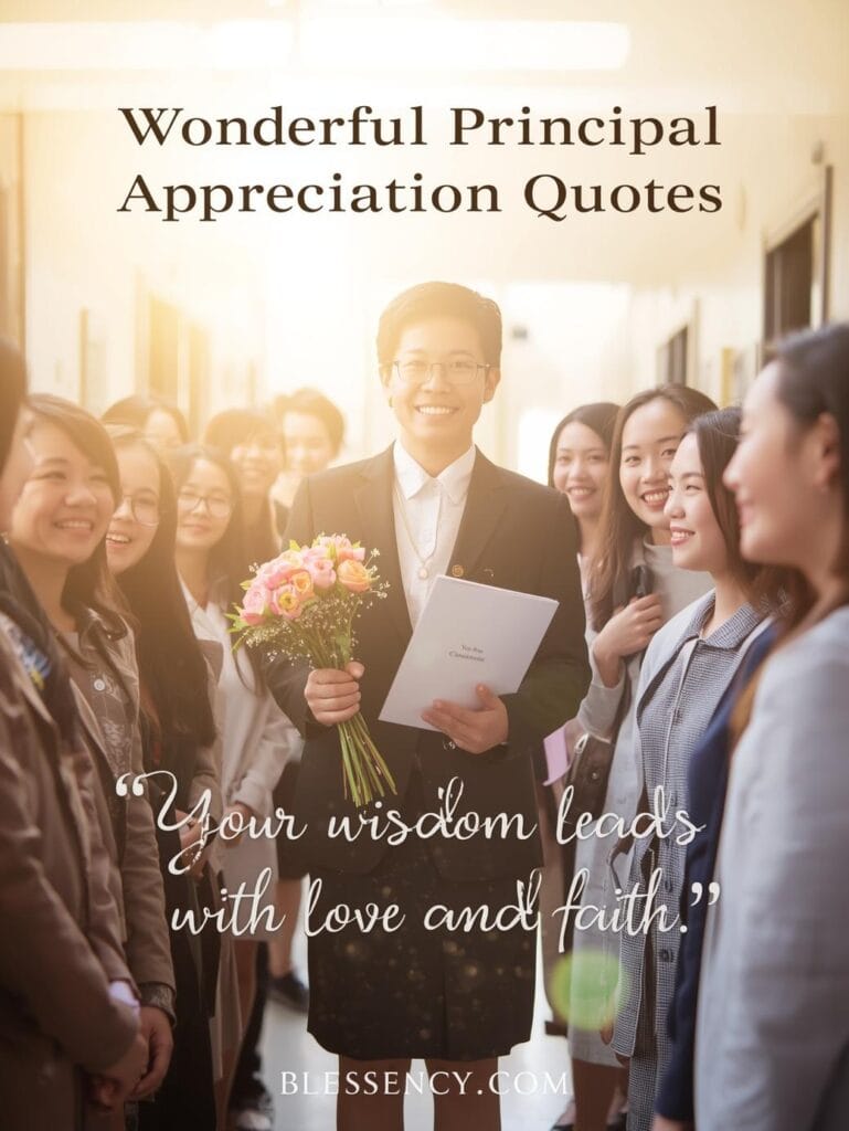 90+ Beautiful Lines for principal & Quotes for Principal to Show Appreciation 6 “Principal receiving appreciation from students and teachers in a sunlit school hallway — symbolizing gratitude, leadership, and faith-inspired service, Blessency.com.”