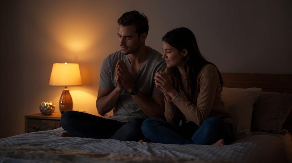 200+ Heartfelt Short Prayers for Someone You Love That Touch the Soul 14 short prayer for your partner before bed, couple praying together at night, bedtime prayer image, peaceful love and faith photo, thankful couple before sleep