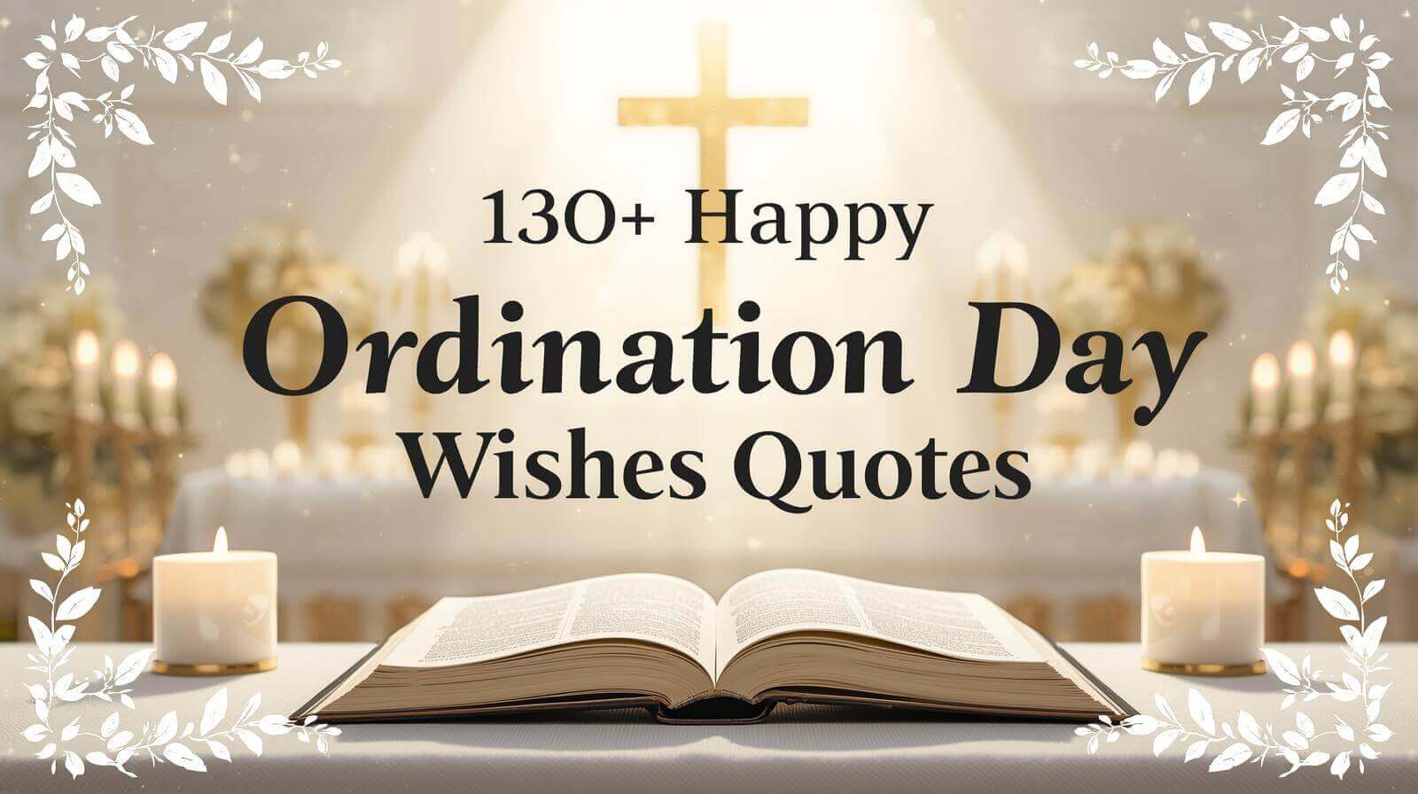 “130+ Happy Ordination Day Wishes Quotes Christian blessings image with Bible, cross and church altar — priest pastor deacon ordination greetings”