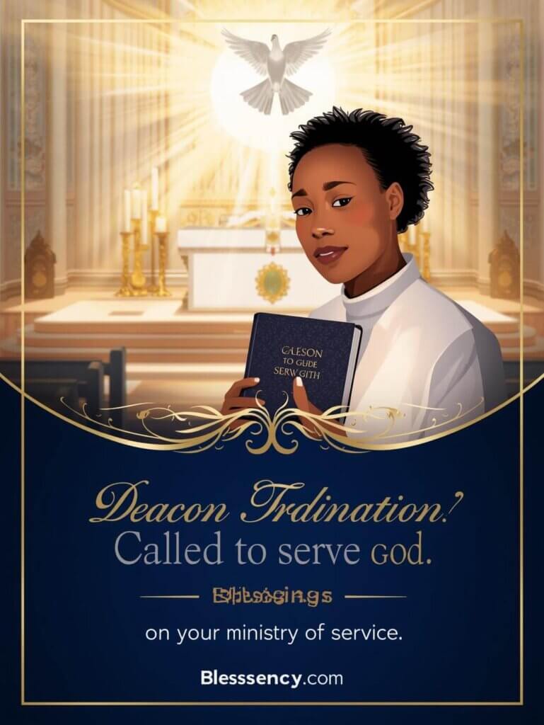 Illustrator style Pinterest image of a newly ordained deacon holding Bible with dove and altar light — deacon ordination messages and blessings Christian art — ministry of service