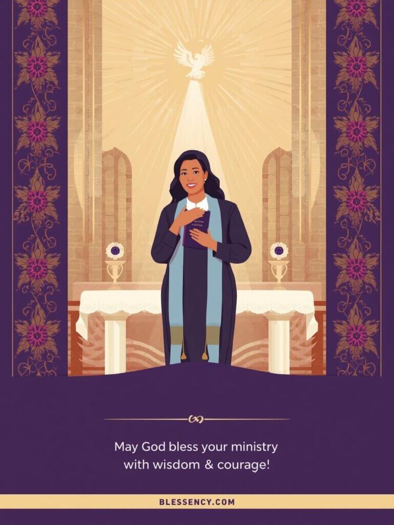 Female Pastor Ordination Wishes — illustrator style Christian ordination image, empowered woman pastor with Bible, Holy Spirit, ministry blessings — Blessency.com