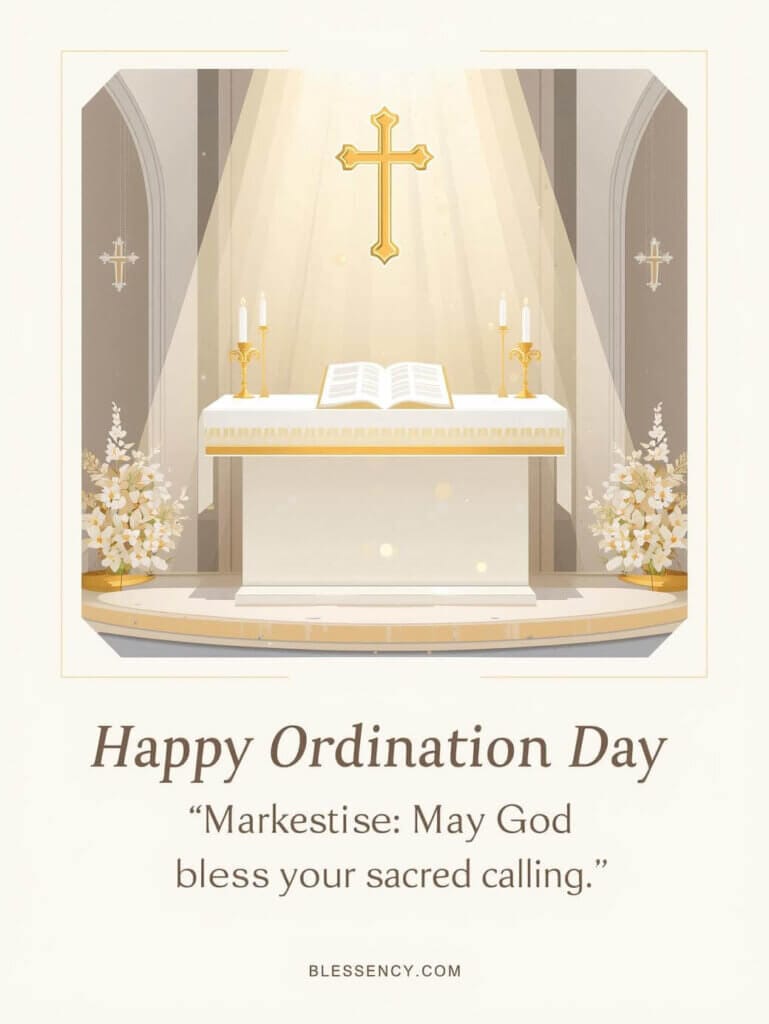 Illustrator style Happy Ordination Day Wishes Quotes Pinterest image with golden cross, Bible, candles and spiritual blessing — Christian ordination greetings for priest pastor deacon — Blessency.com
