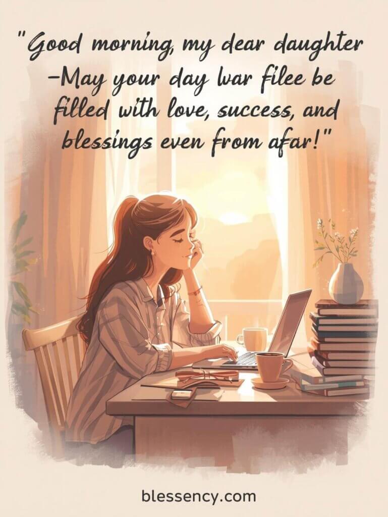 “Good morning quotes for daughter studying abroad or far away, emotional morning messages for daughter, heartwarming good morning messages, inspirational morning quotes for grown daughter, blessency.com”